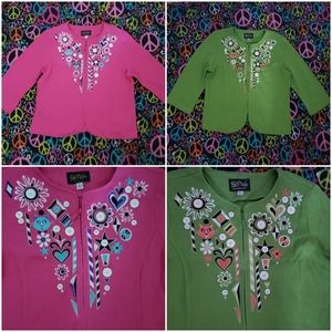 Bob Mackie Wearable Art Deco Cardigan Full Zip SET OF TWO! Vibrant! Size Large